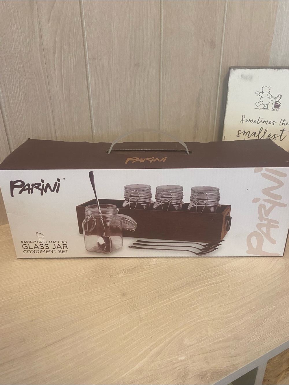 Parini Brown Glass Jar Condiment Set with Wooden Caddy